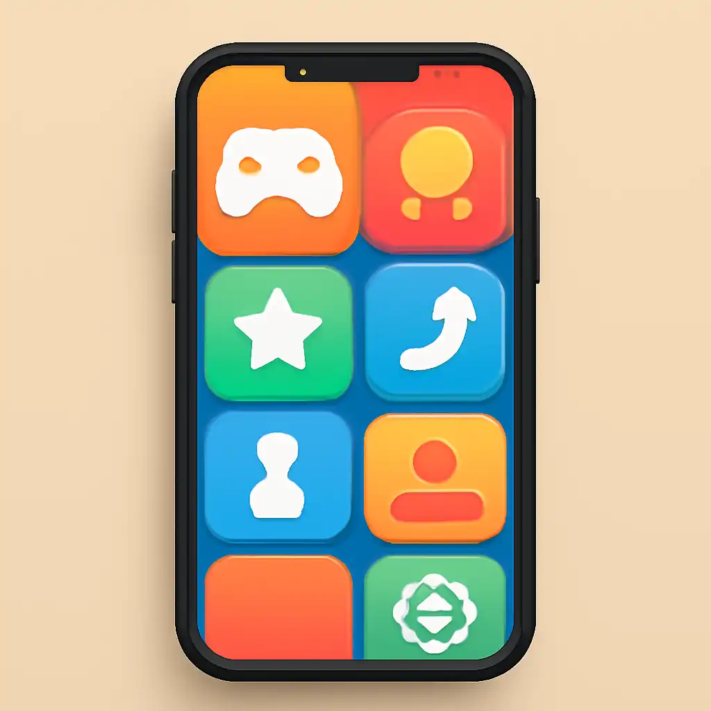 Smartphone shown from the front displaying a colourful flat layout of abstract game icons and rounded tiles (no text, no letters, no labels), Raxi Win