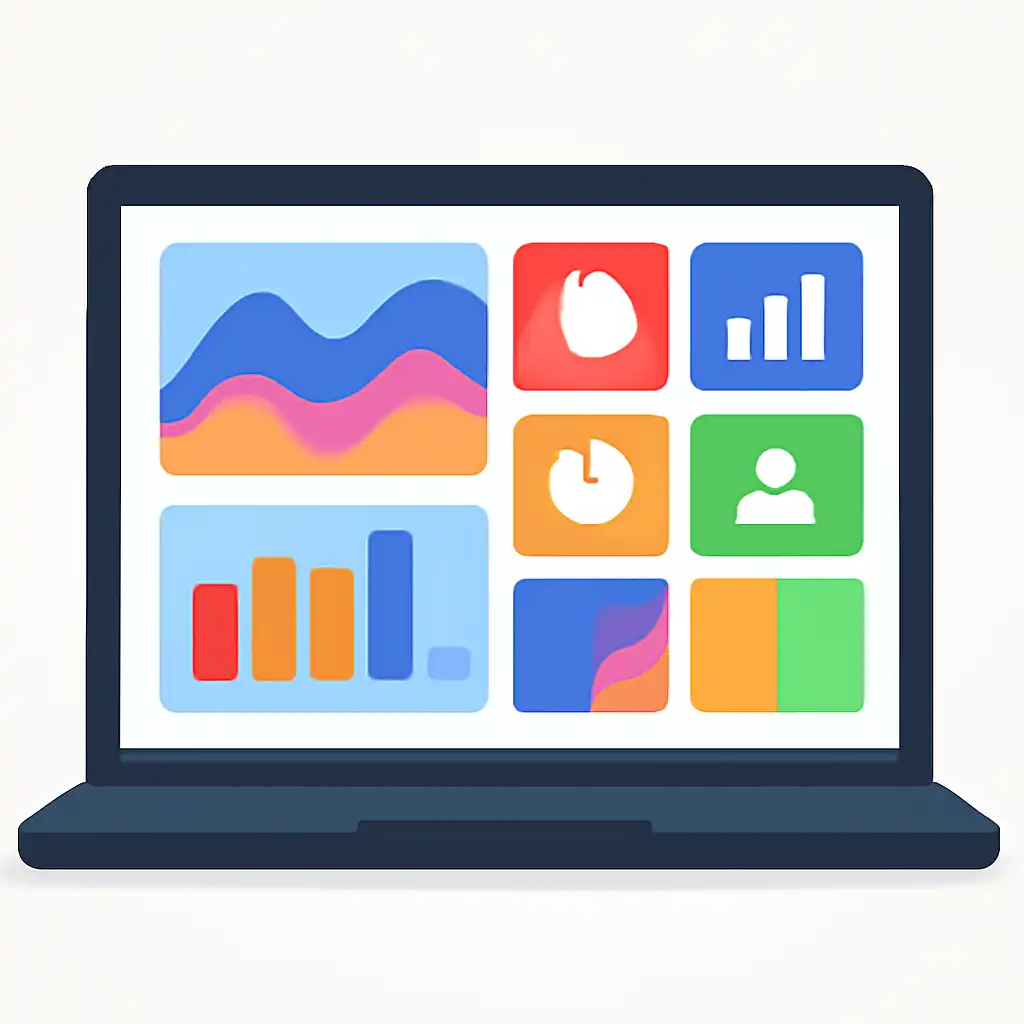 Laptop shown from the front displaying a colourful flat dashboard of abstract charts, bars and icon tiles (no text, no letters, no labels), Raxi Win