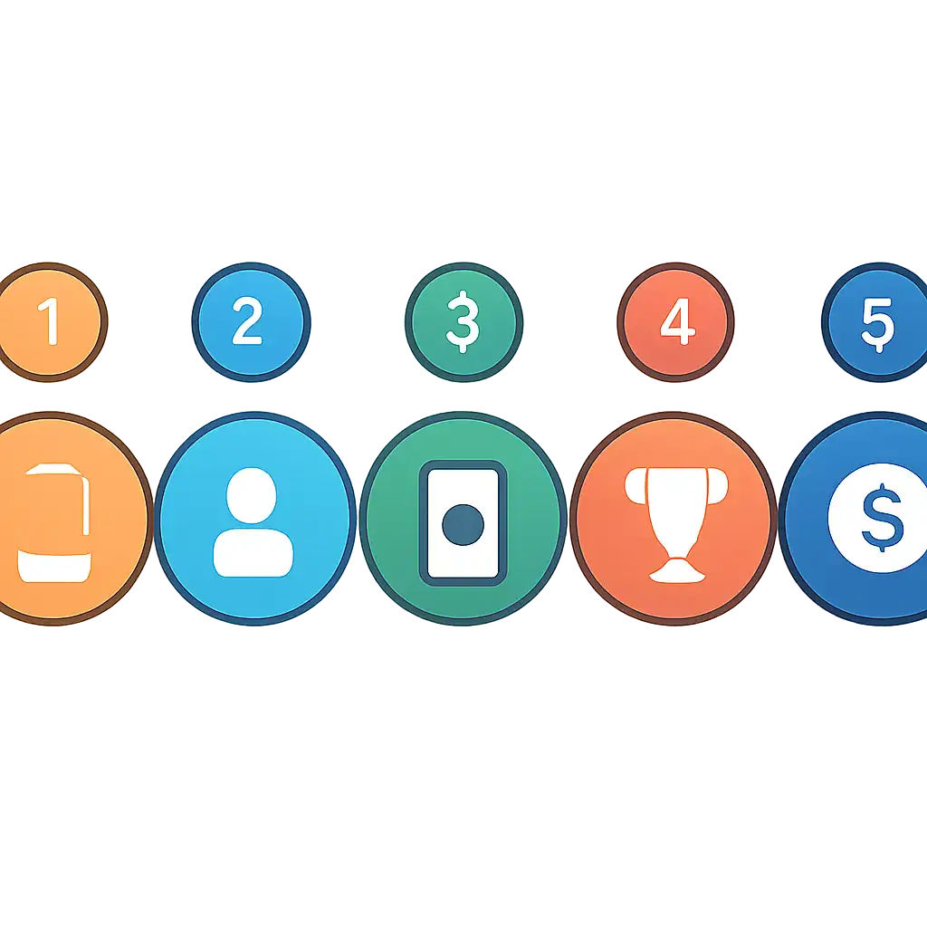 Five numbered circular icons connected by arrows in a horizontal flow, flat illustration, icons only, no words, Raxi Win steps